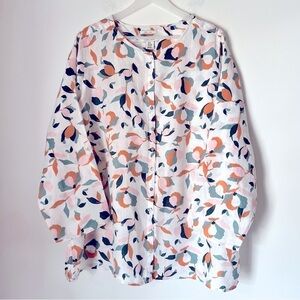 Rachel Zoe 100% Linen Modern Floral Print Button Up Long Sleeve Neutral Shirt 2X